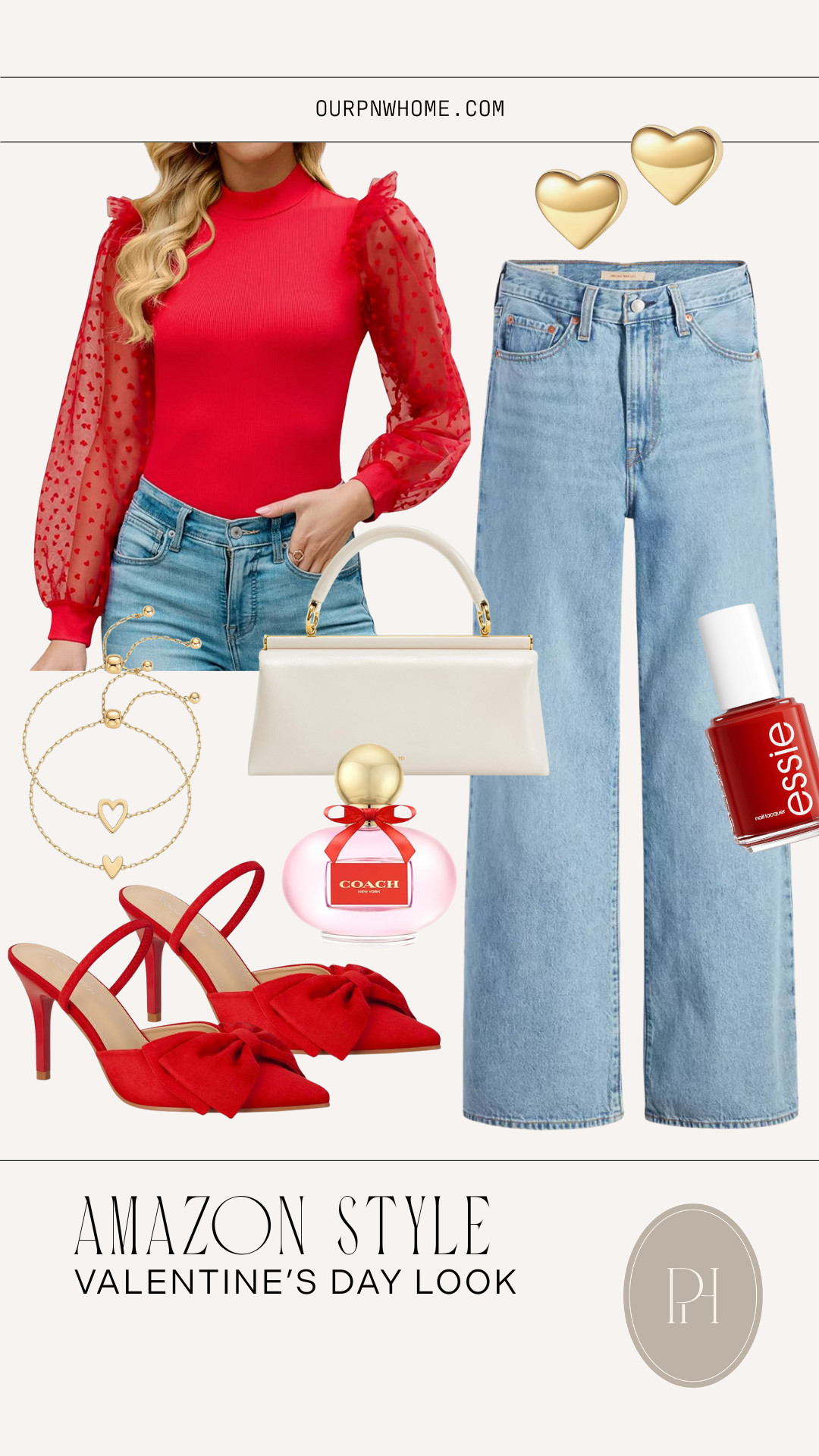 Loving this look for Valentine's Day!

Amazon fashion, Amazon style, Valentine's Day outfit, Valentine's Day date night, date night look, date night outfit, red heels, bow heels, light wash jeans, wide leg jeans, wide leg denim, flared jeans, straight leg jeans, red blouse, sheer top, red nail polish, perfume, women's fragrance, heart earrings, stud earrings, heart bracelet, gold earrings, gold accessories, white handbag, top handle handbag, small handbag, clutch purse, winter fashion, winter style, winter look, winter outfit 

 #LTKgrwm #LTKootd #LTKSeasonal
