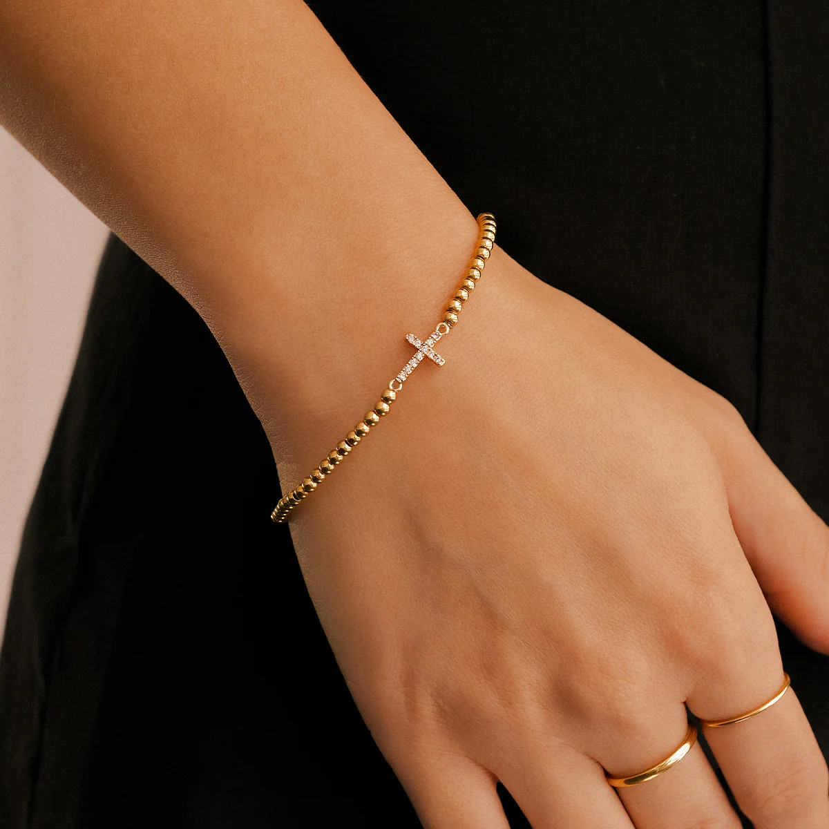 Gold Beaded Cross Stretch Bracelet | Mint & Lily