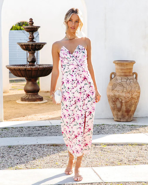 Talk About It Floral Satin Strapless Midi Dress - Pink Multi | VICI