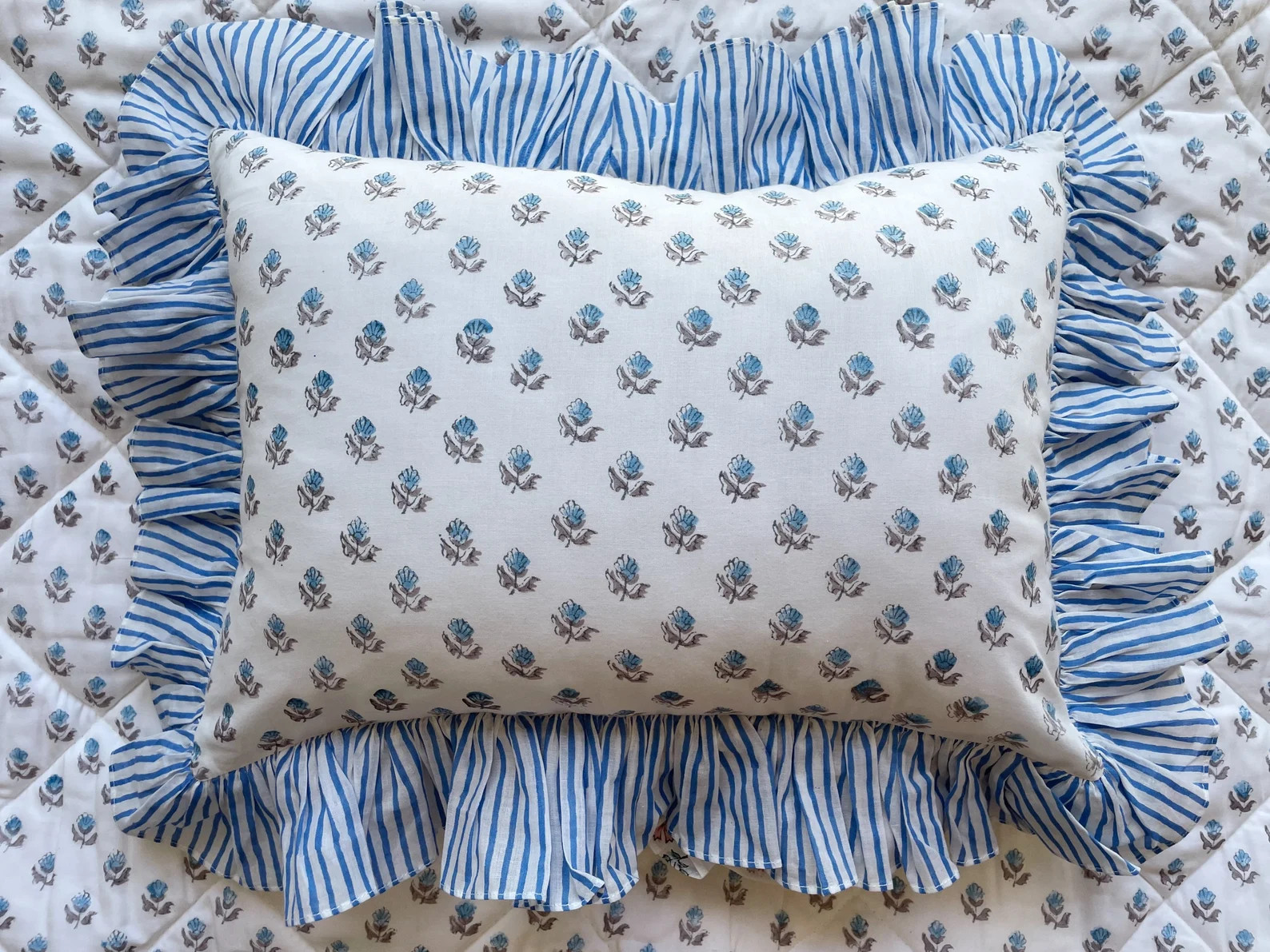 Ruffle Blockprint Mini Cushion Floral With Stripes - Etsy | Etsy (US)