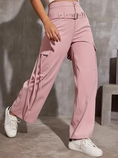 Solid Drawstring Cargo Pants, Casual Long Length Wide Leg Versatile Pants, Women's Clothing | Temu Affiliate Program