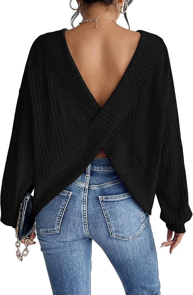 SweatyRocks Women's Criss Cross Round Neck Pullover Sweaters Long Sleeve Loose Cut Out Back Knit ... | Amazon (US)