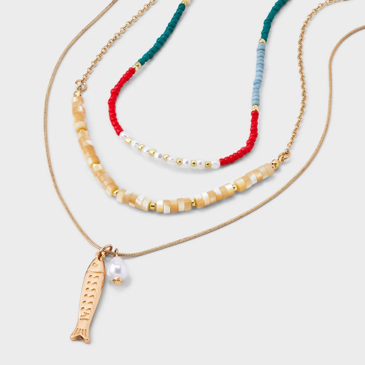 Seed Bead with Fish and Acrylic Pearl Necklace Set 3pc - Universal Thread™ Gold: Lobster Claw C... | Target