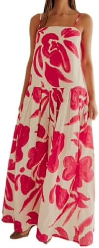 Women Bohemian Graphic Maxi Dress Spaghetti Strap Flowy Cami Dress Floral Tiered Sundress Y2K Sum... | Amazon (US)