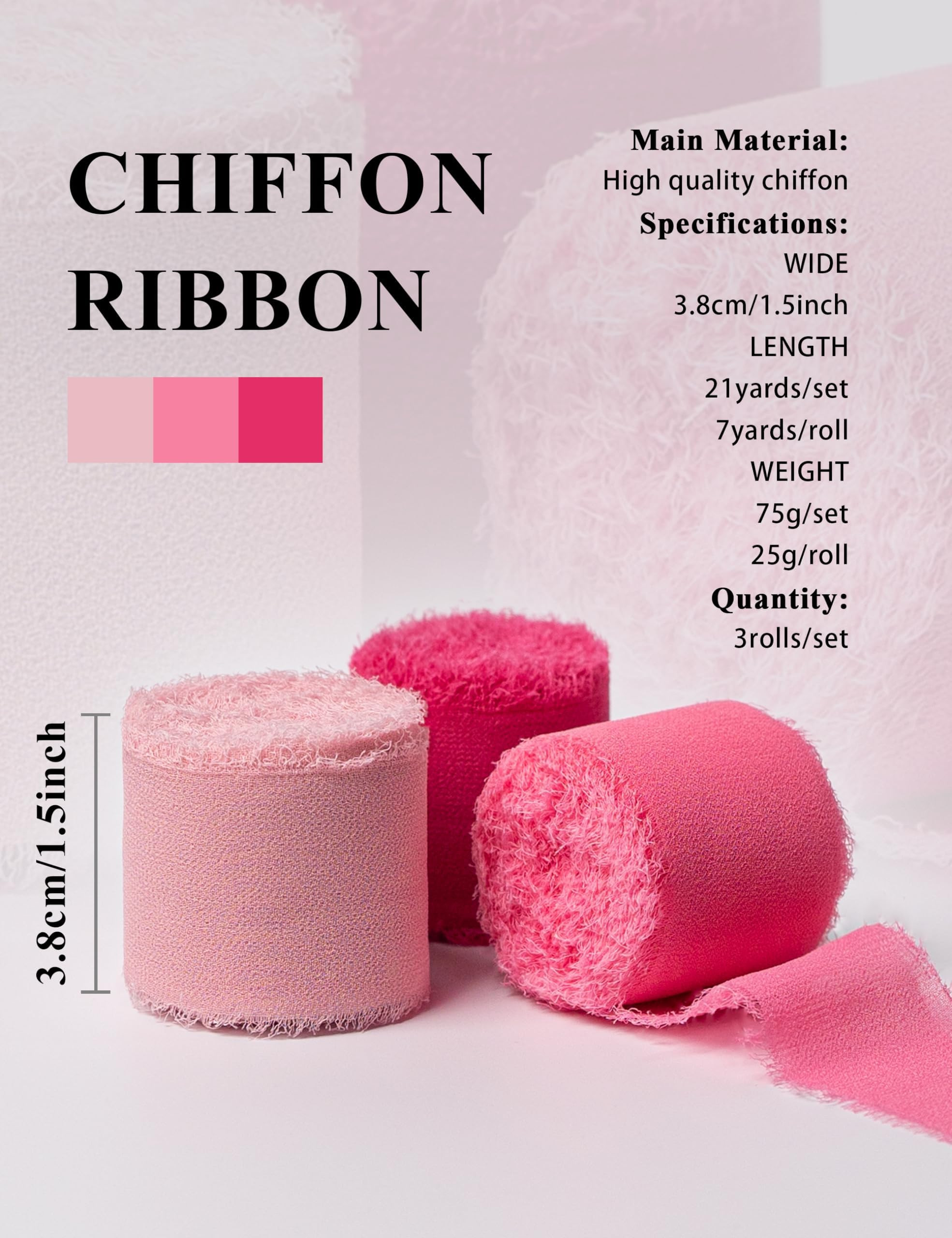 Chiffon Ribbon, Hot Pink Pastel Pink 1.5''x21Yd Frayed Fringe Silk Ribbons for Gift Wrapping, Handmade Decor, Floral Vase, Wedding, Birthday, Engagement, Bridal Shower, Mother's Day, 3 Rolls | Amazon (US)