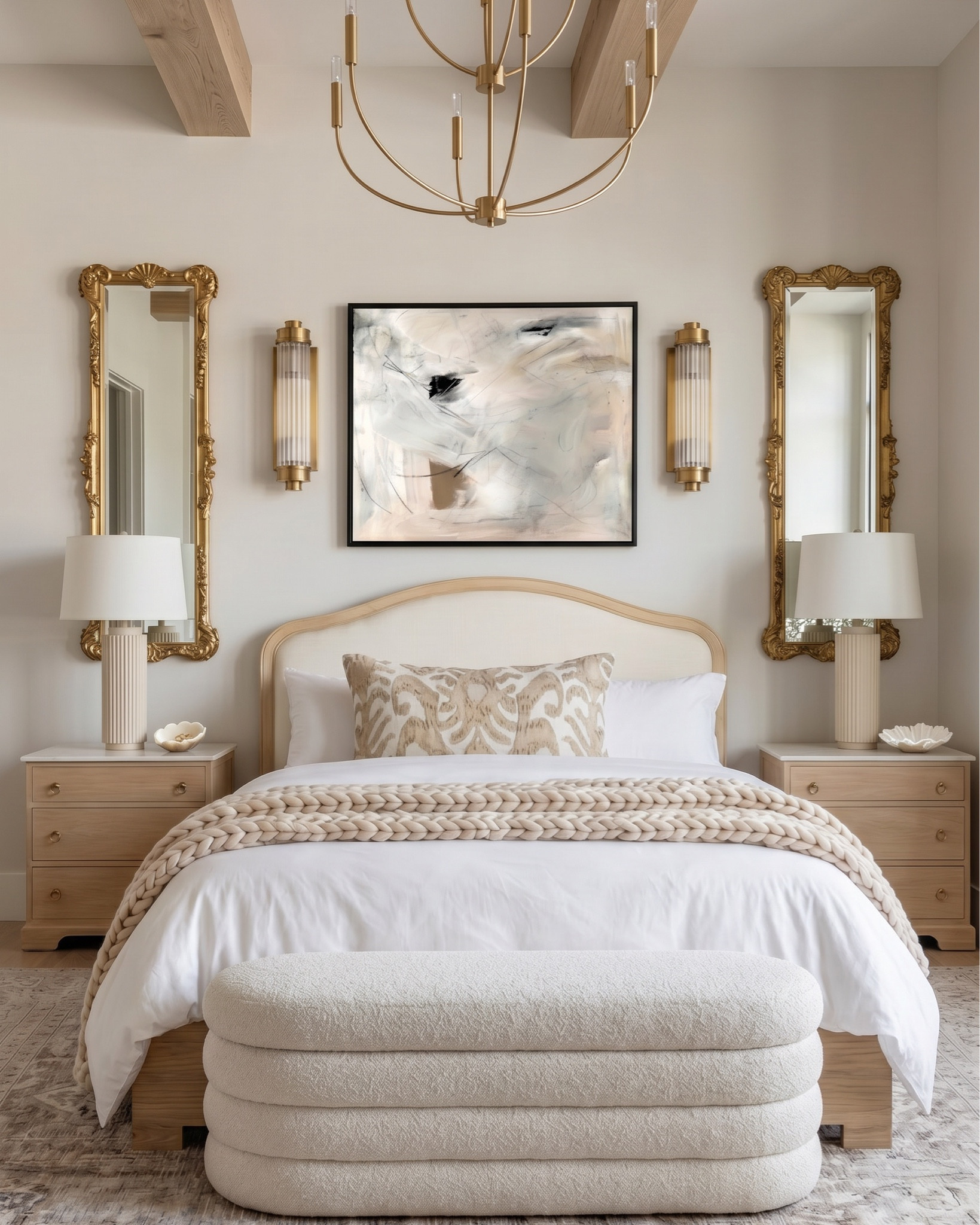 * light wood bed frame
* curved wood headboard
* white bedding set
* cream knit throw blanket
* beige patterned lumbar pillow
* white standard pillows
* boucle bench ottoman
* light wood nightstands
* fluted ceramic table lamps
* white drum lamp shades
* gold wall sconces
* gold chandelier
* vintage gold wall mirrors
* neutral abstract wall art
* beige area rug
* decorative bowl decor
* solid wood dining table
* pedestal dining table base
* cane back dining chairs
* upholstered seat dining chairs
* neutral textured area rug
* gold chandelier lighting
* wood sideboard cabinet
* arched glass cabinet
* ceramic table vase
* floral arrangement centerpiece
* table styling decor
@Wayfair 

#LTKHome #LTKSaleAlert