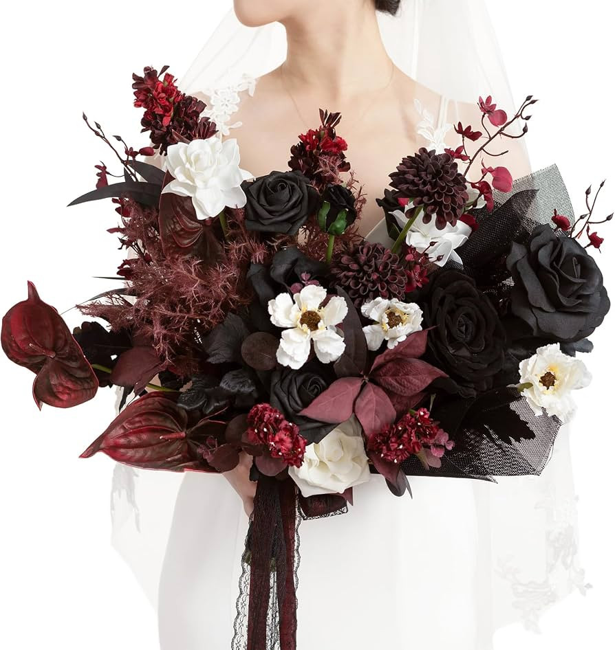 Ling's moment Wedding Bouquets for Bride, 15 Inch Moody Burgundy & Black | Amazon (US)