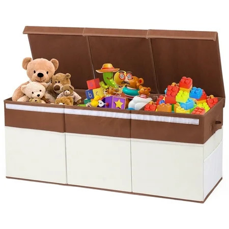 FIIOEOY Extra Large Collapsible Toy Storage Box with Lid, Divider & Mesh Pockets, 40”x14”x16”, White & Brown | Walmart (US)