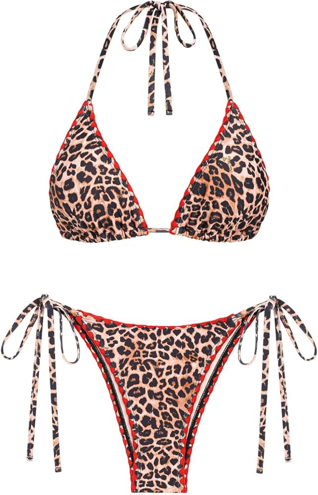 seamoly Contrast Binding Textured Halter Triangle Tie Side Bikini Set | Amazon (US)