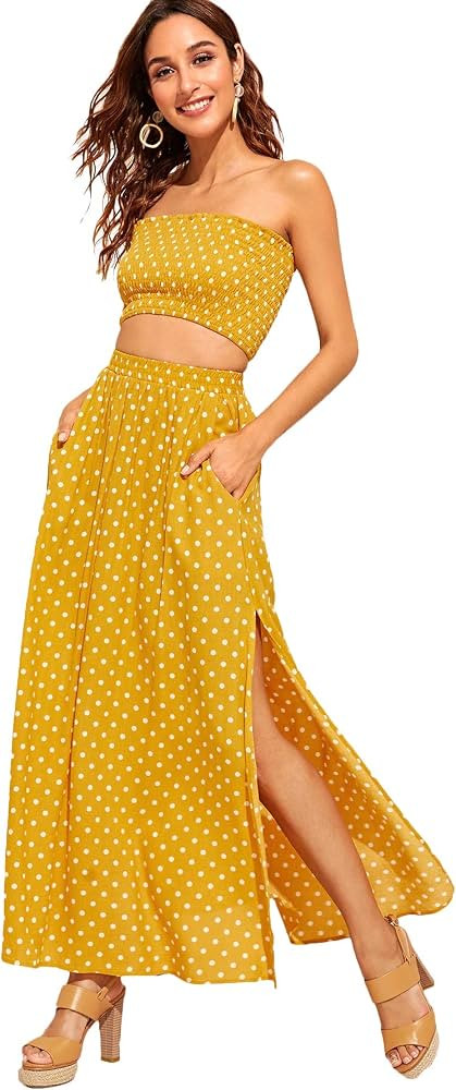 Floerns Women's Summer Printed 2 Piece Outfit Crop Tube Tops and Split Long Skirt Set | Amazon (US)