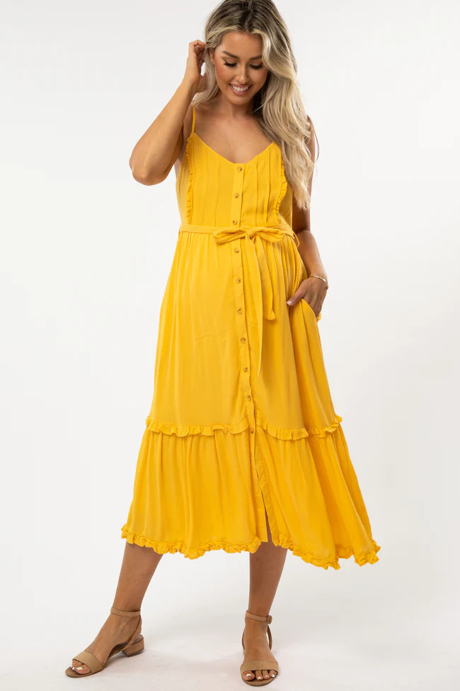 Yellow Front Button Ruffle Tiered Hem Maternity Midi Dress | PinkBlush Maternity