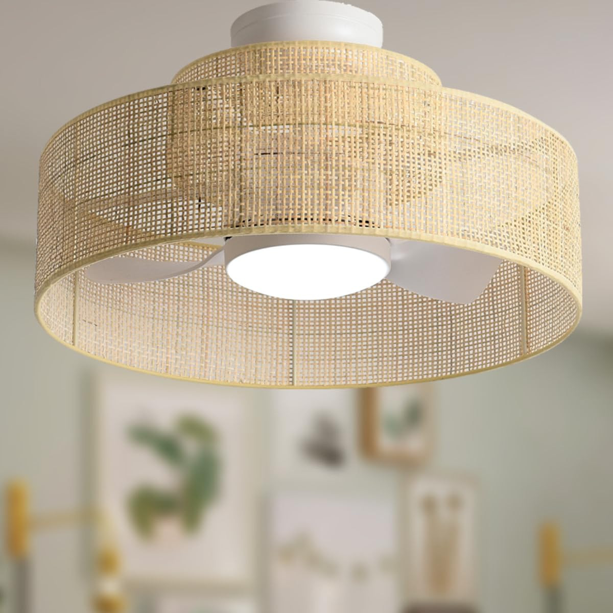 22” Bamboo DC Dimmable Ceiling Fan with Light and Remote Control,Boho Wooden Wicker Cage Rattan... | Amazon (US)