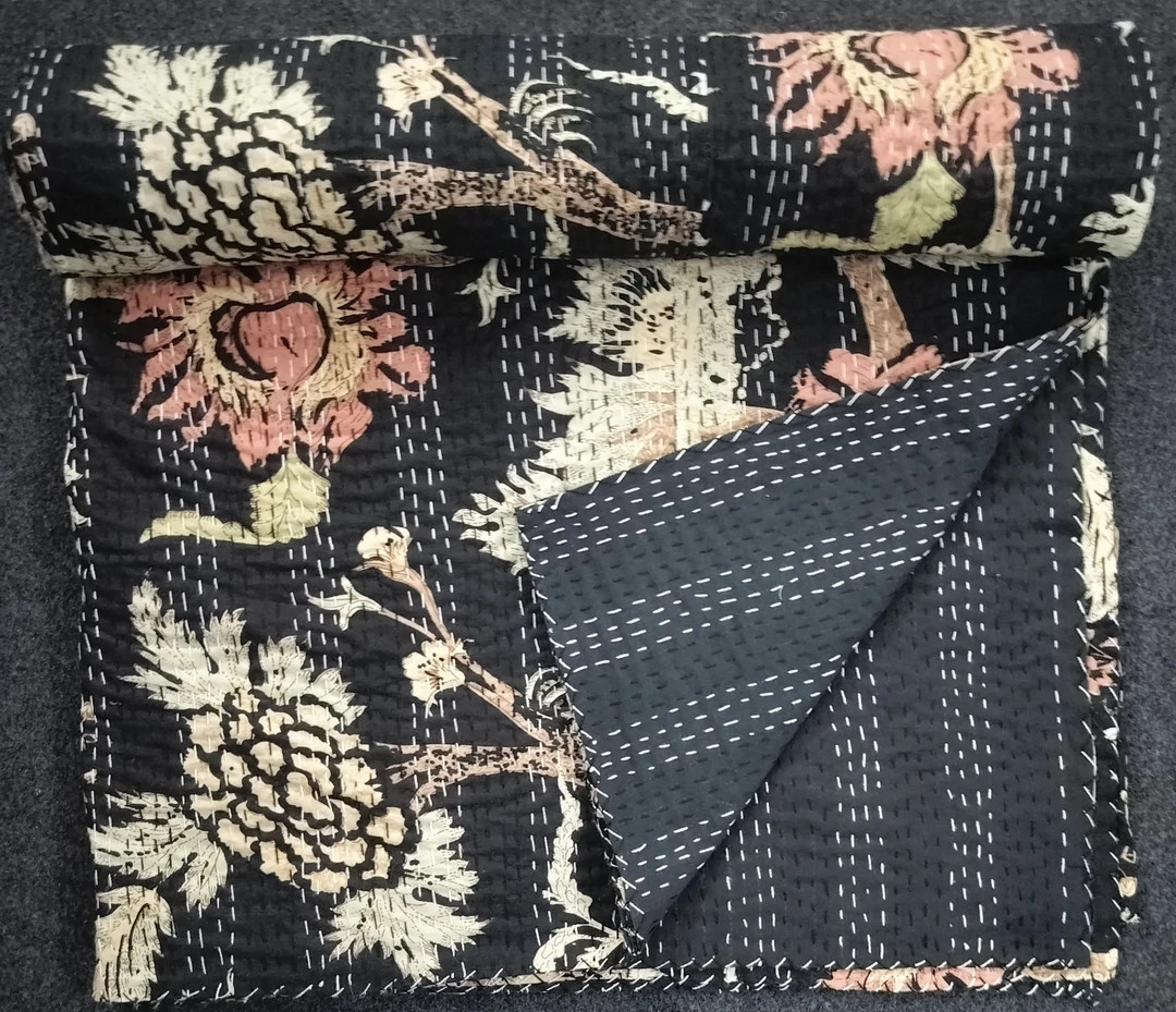 Indian Handmade Black Color Floral Print King Queen Twin Pillow Cover Kantha Quilt Throw Blanket ... | Etsy (US)