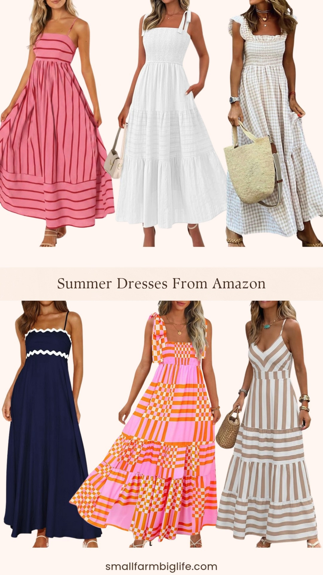 Smocked maxi dresses are one of my favorite summer wardrobe staples and Amazon has so many beautiful styles right now at really great prices. I rounded up six flowy spaghetti strap styles including a classic white boho maxi, a khaki and white gingham plaid smocked dress, a vibrant pink and orange pattern, a pink and red striped cutout back style, a navy sleeveless boho sundress, and a white and khaki gingham striped version with pockets and a v neck. The smocked waist detail on all of these gives them such a flattering and effortless fit and they all work beautifully for beach vacations, summer outings, and casual everyday warm weather dressing. Tap to shop! 

 #LTKootd #LTKSeasonal #LTKOver40