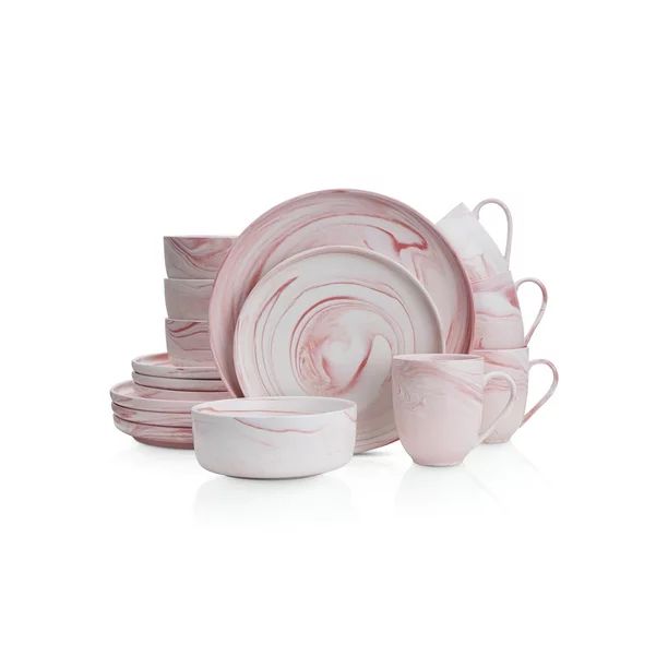 Stone Lain Brighton Porcelain Dish Set, 16-Piece Dishes for 4, Marbled White and Pink - Walmart.c... | Walmart (US)