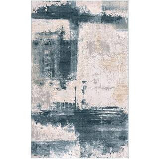 Silvia Cream Blue 9 ft. x 12 ft. 3 in. Modern Distressed Area Rug Large | The Home Depot