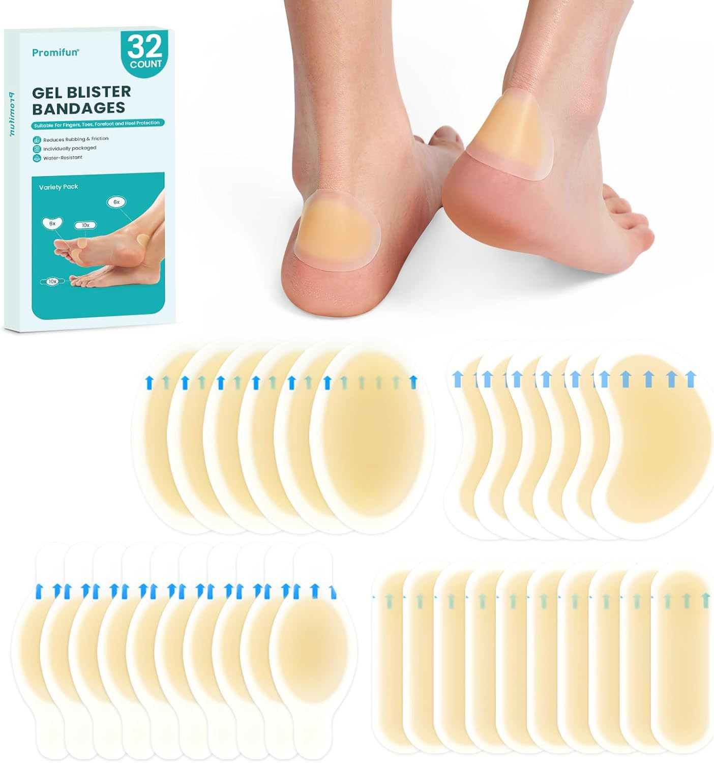Hydrocolloid Gel Blister Bandages Pads - (Variety Pack) Promifun 32ct Waterproof Adhesive Blister... | Amazon (US)