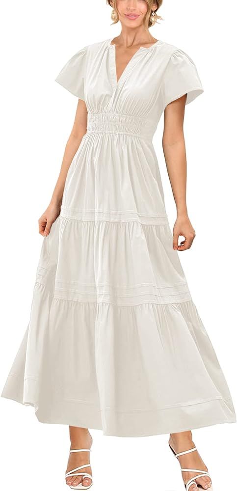 Women's Summer Boho Maxi Dress Ruffle Sleeve V Neck Smocked Flowy Tiered Beach A-line Long Dresse... | Amazon (US)