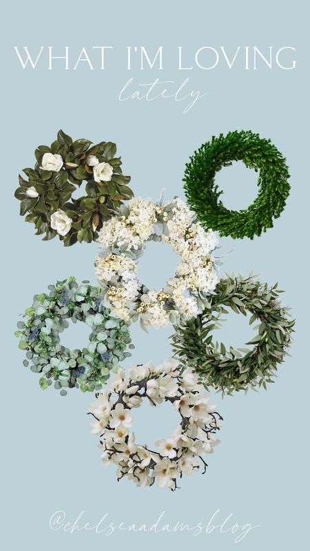 my favorite wreaths for spring! 
magnolia wreath
Amazon wreath
Front door decor
Eucalyptus wreath
Boxwood wreath
Williams sonoma

#LTKfindsunder100 #LTKfindsunder50 #LTKhome