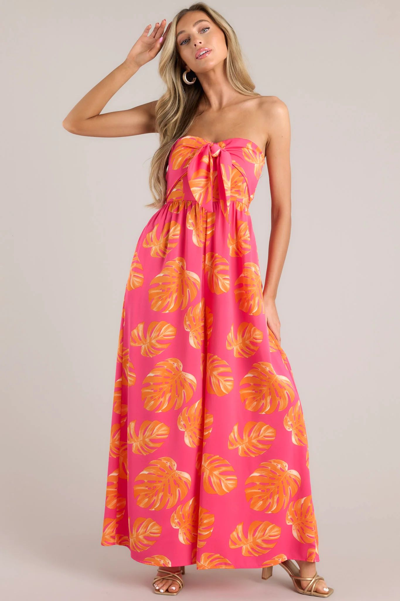Beach Bliss Hot Pink & Orange Tropical Print Strapless Jumpsuit (BACKORDER APRIL) | Red Dress