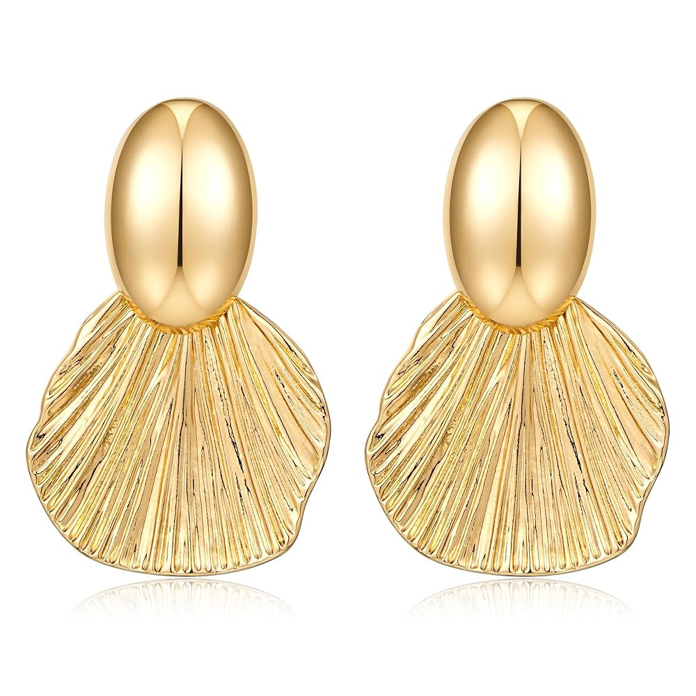 Gold Earrings Dangle Chunky Fan-shaped Earrings Shell Earring for Women Two-Tone Fashion Statemen... | Amazon (US)