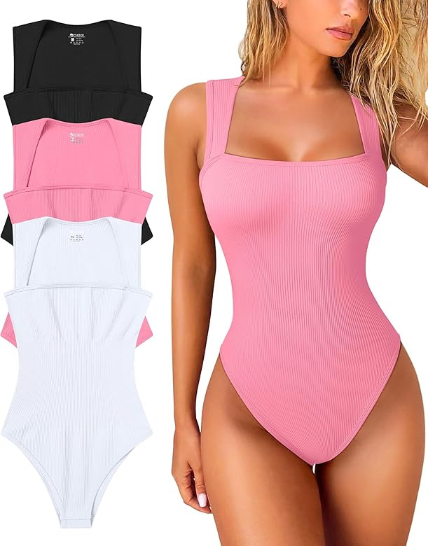 OQQ Women's 3 Piece Bodysuits Sexy Ribbed Strappy Square Neck Sleeveless Tummy Control Tank Tops ... | Amazon (US)