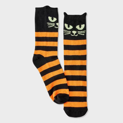 Women's Black Cat with Glow-in-the-Dark Eyes Striped Halloween Crew Socks - Hyde and EEK! Boutique™ Black/Orange 4 - 10 | Target