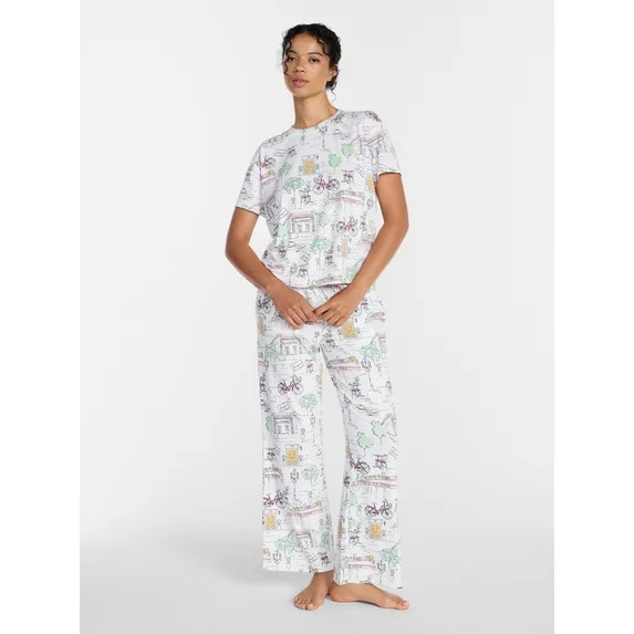 Joyspun Women's Dreamy Soft Collection Short Sleeve Sleep Top and Open Leg Pants Pajama Set, 2-Pi... | Walmart (US)