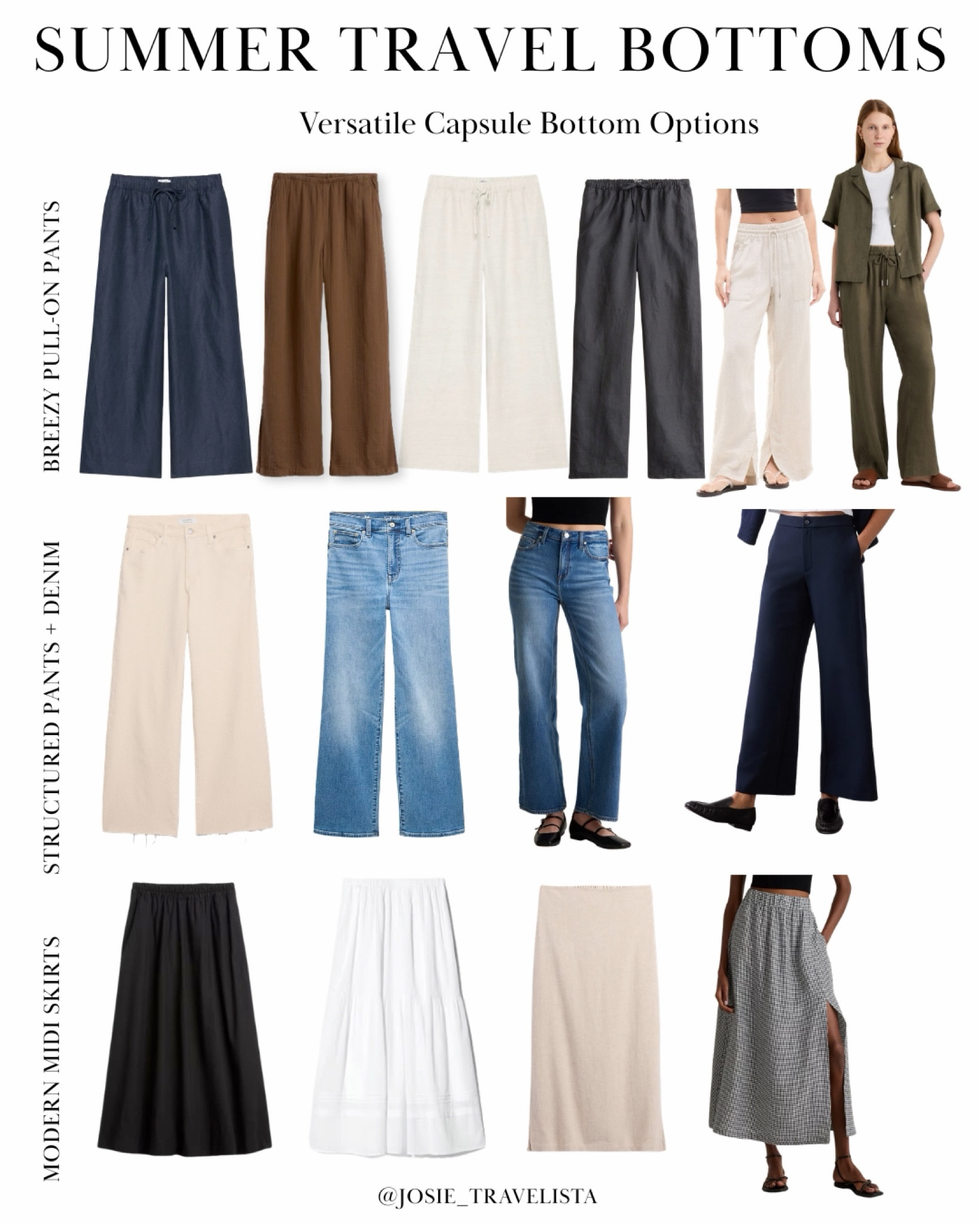 Summer travel bottoms for Europe

Your travel wardrobe doesn’t need a lot of bottoms—just the right ones.

These are my go-to:
• breezy pull-on pants
• structured denim
• easy midi skirts

Versatile, mix-and-match pieces that work across Europe city days, travel days, and dinners out—so you get more outfits with less.