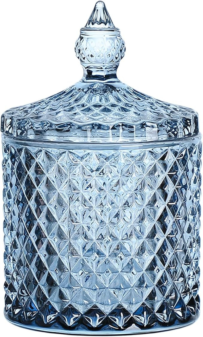 Sizikato Diamond Faceted Crystal Glass Candy Jar with Lid, Blue Decorative Jar, Jewelry Box, Cott... | Amazon (US)