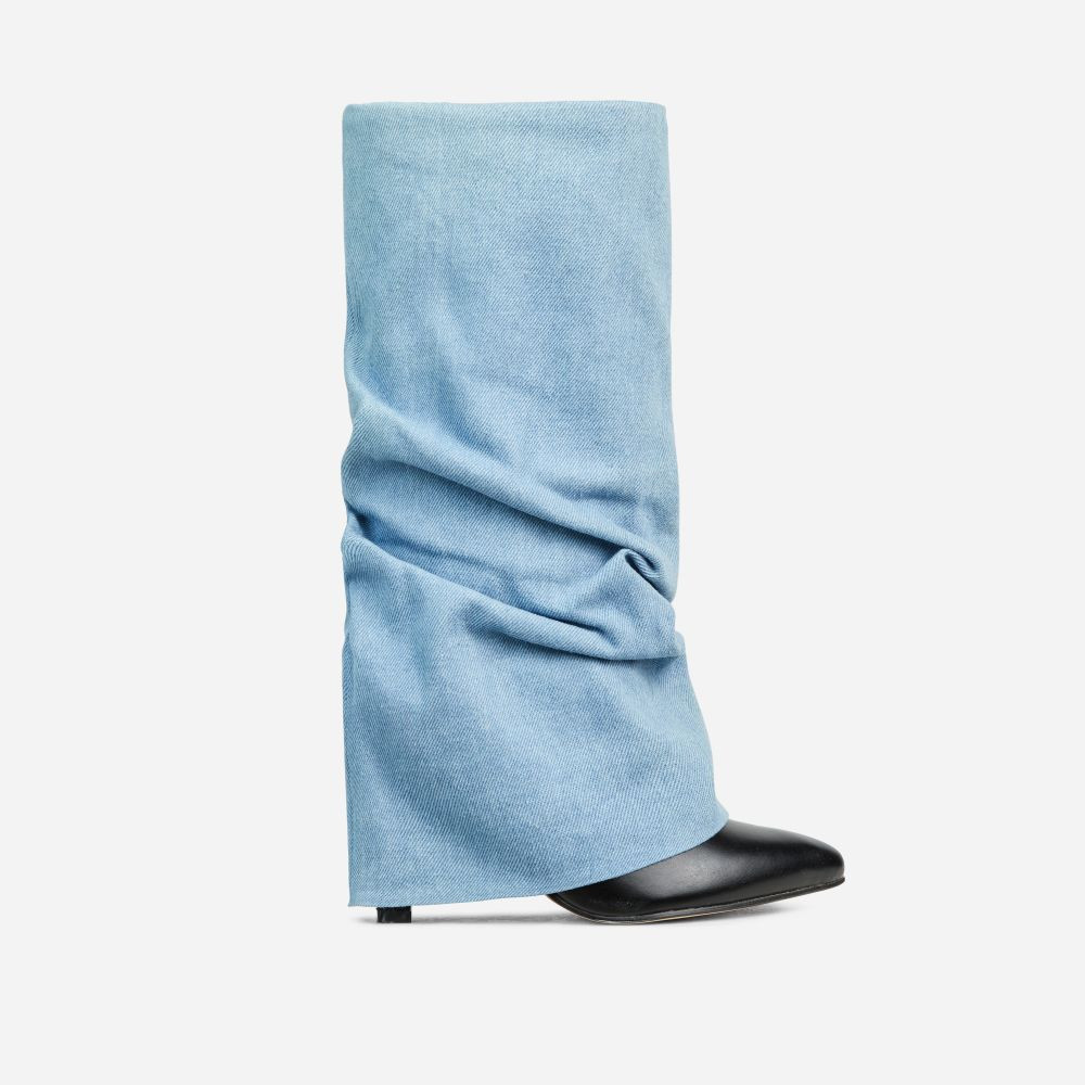 Parallel Pointed Toe Light Blue Denim Contrast Slouch Detail Block Heel Mid Calf Boot In Black Fa... | EGO (UK)