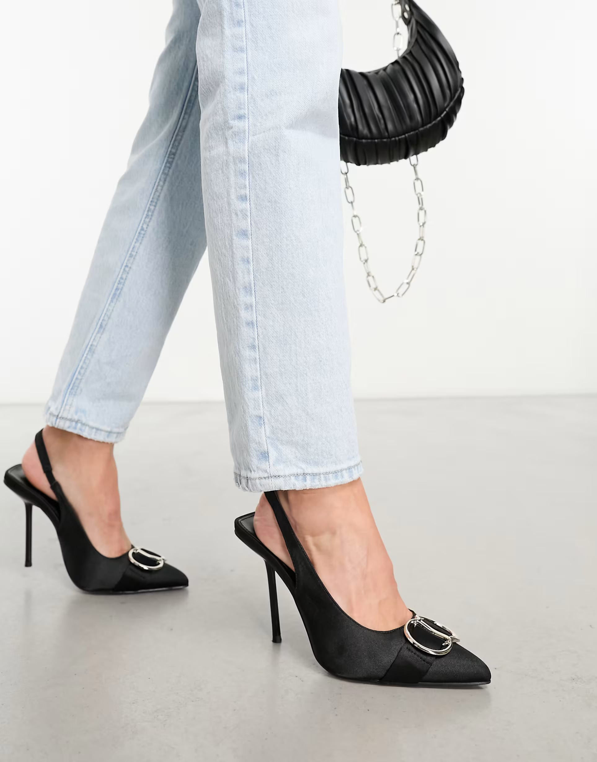 Public Desire Spicy heeled slingback shoes with hardware in black satin | ASOS (Global)