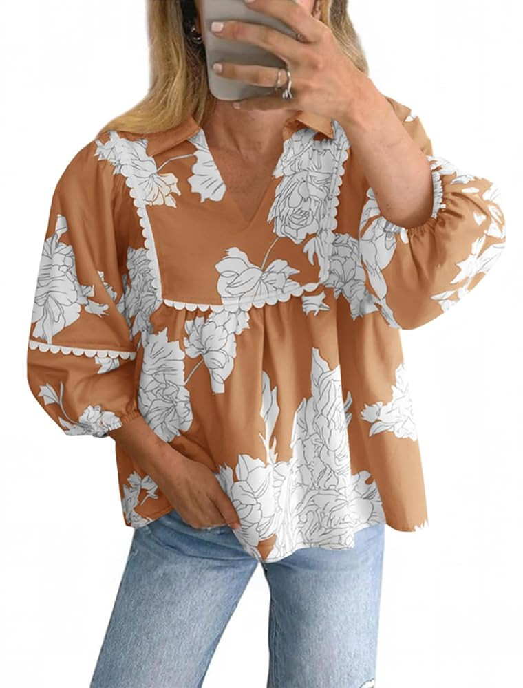 Tankaneo Womens Floral Peplum Babydoll Tops 3/4 Puff Sleeve Pleated Blouse Cute Casual V Neck Loo... | Amazon (US)