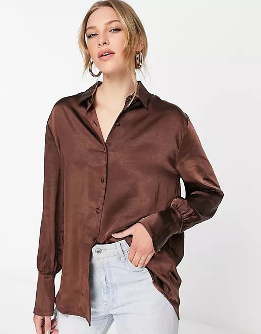 Pretty Lavish satin shirt in chocolate brown - part of a set | ASOS (Global)