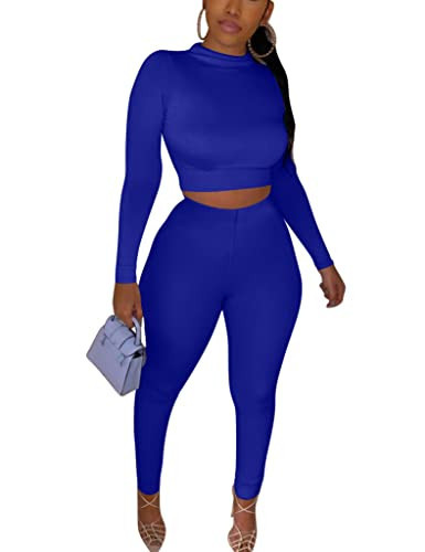 Kaximil Women's Workout Tracksuit 2 Piece Outfits Long Sleeve Crop Top High Waist Legging Pants Set, X-Large, Royal Blue | Amazon (US)