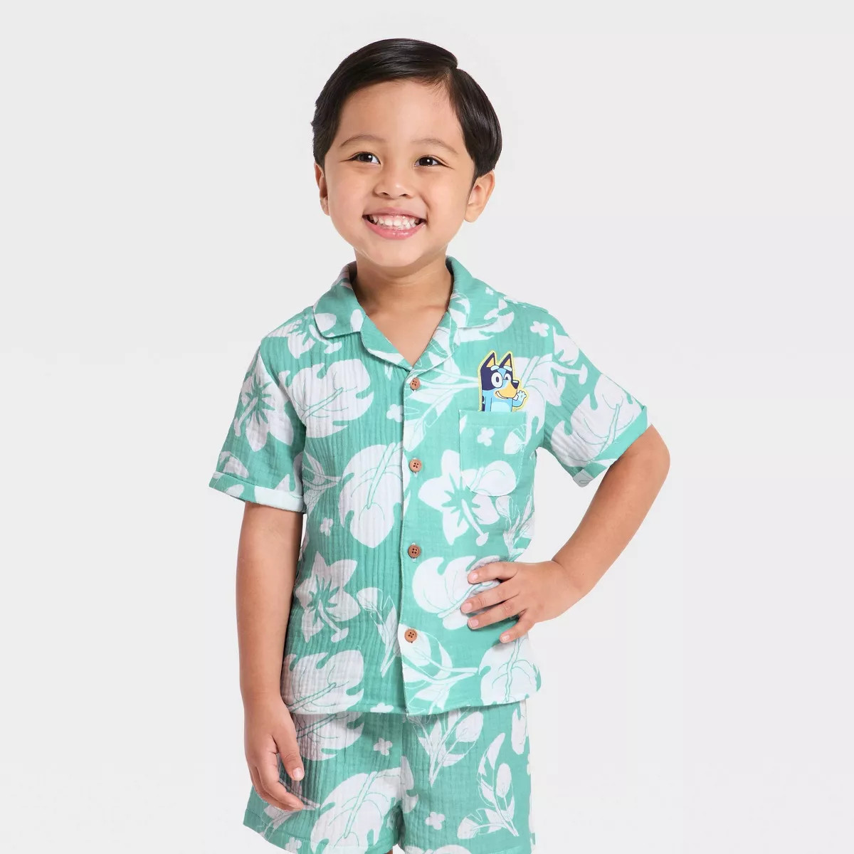 Toddler Boys' 2pc Bluey Gauze Short Sleeve Button-Down Shirt & Shorts Set - Teal Blue 2T | Target