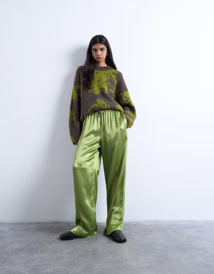 Topshop crinkle satin wide leg pants in bright green | ASOS (Global)