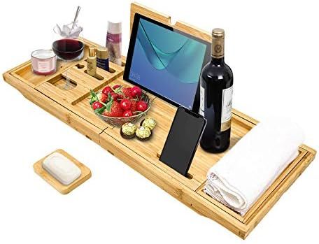 Bathtub Caddy Tray, Premium Bamboo Bathtub Tray with Extendable Sides, Includes Book and Wine Hol... | Amazon (US)