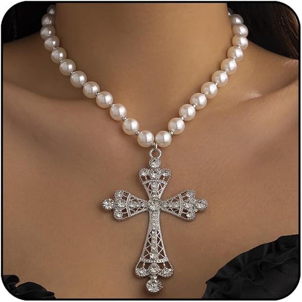 Pearl Cross Necklace Big Cross Pendants Necklaces for Women Chunky Pearl Necklace Gothic Cross Ne... | Amazon (US)