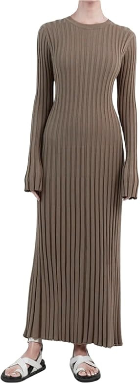 Women Bell Long Sleeve Knit Maxi Dress Crewneck Ribbed Bodycon Long Dress Slim Fit Y2K Sweater Dr... | Amazon (US)