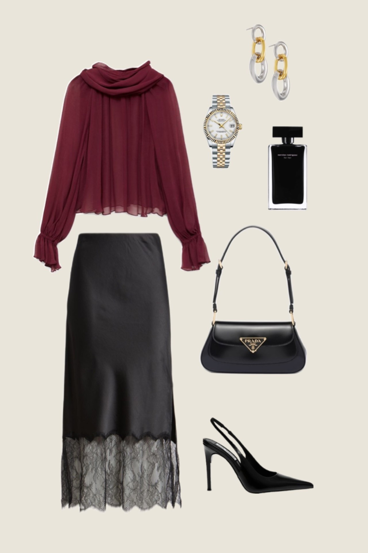 Holiday party outfit ideas ✨

holiday outfit, winter outfit inspo, holiday party look, elevated winter style, black satin skirt, lace skirt outfit, burgundy blouse outfit, chic evening outfit, neutral winter style, Christmas party outfit ideas, winter date night outfit, classic black heels, Prada shoulder bag, gold and silver jewelry outfit

#LTKHoliday