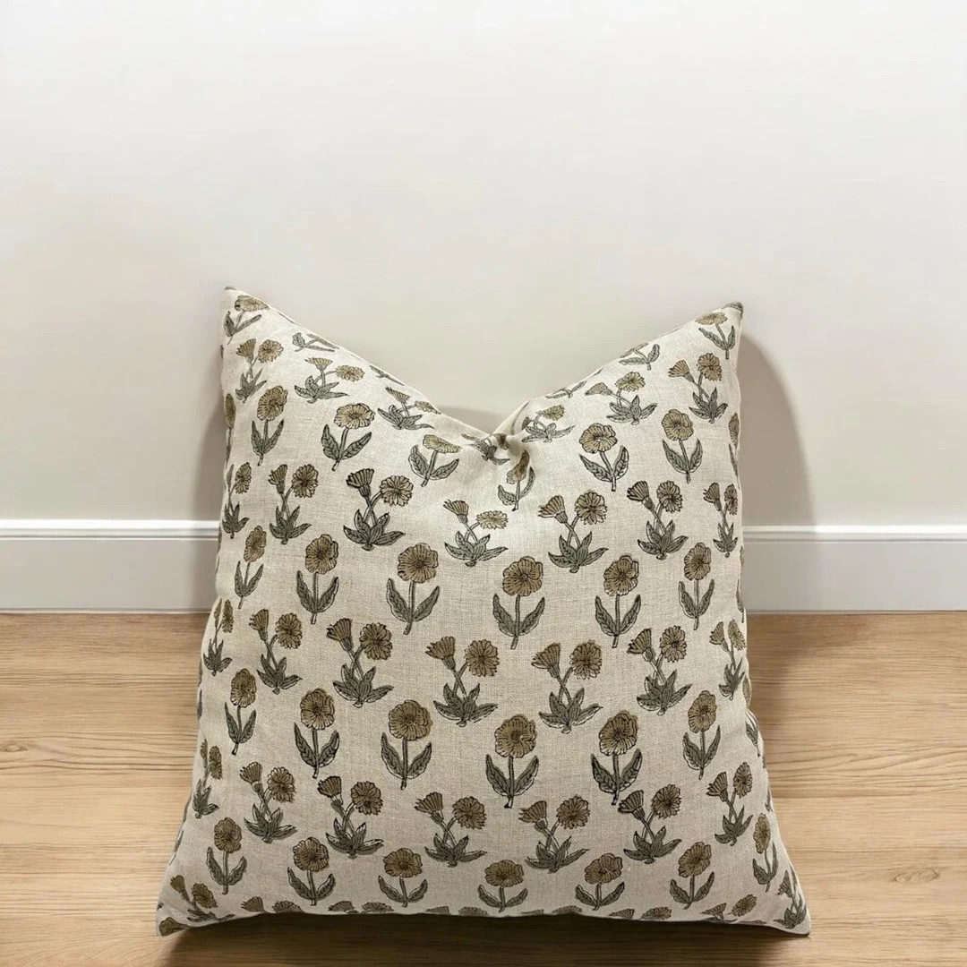 Block Print Linen Pillow, Olive Green Floral Pillow Cover - Etsy | Etsy (US)