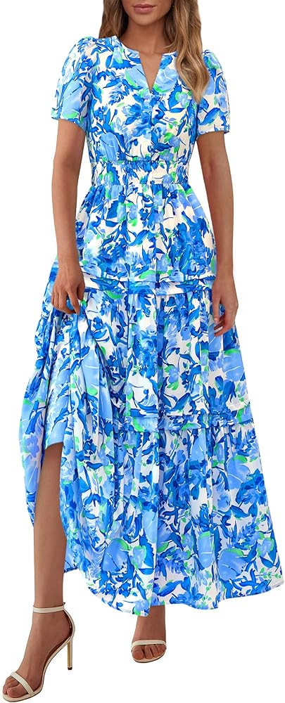 PRETTYGARDEN Women's 2025 Summer Boho Maxi Dresses Floral Short Sleeve V Neck A Line Tiered Flowy... | Amazon (US)
