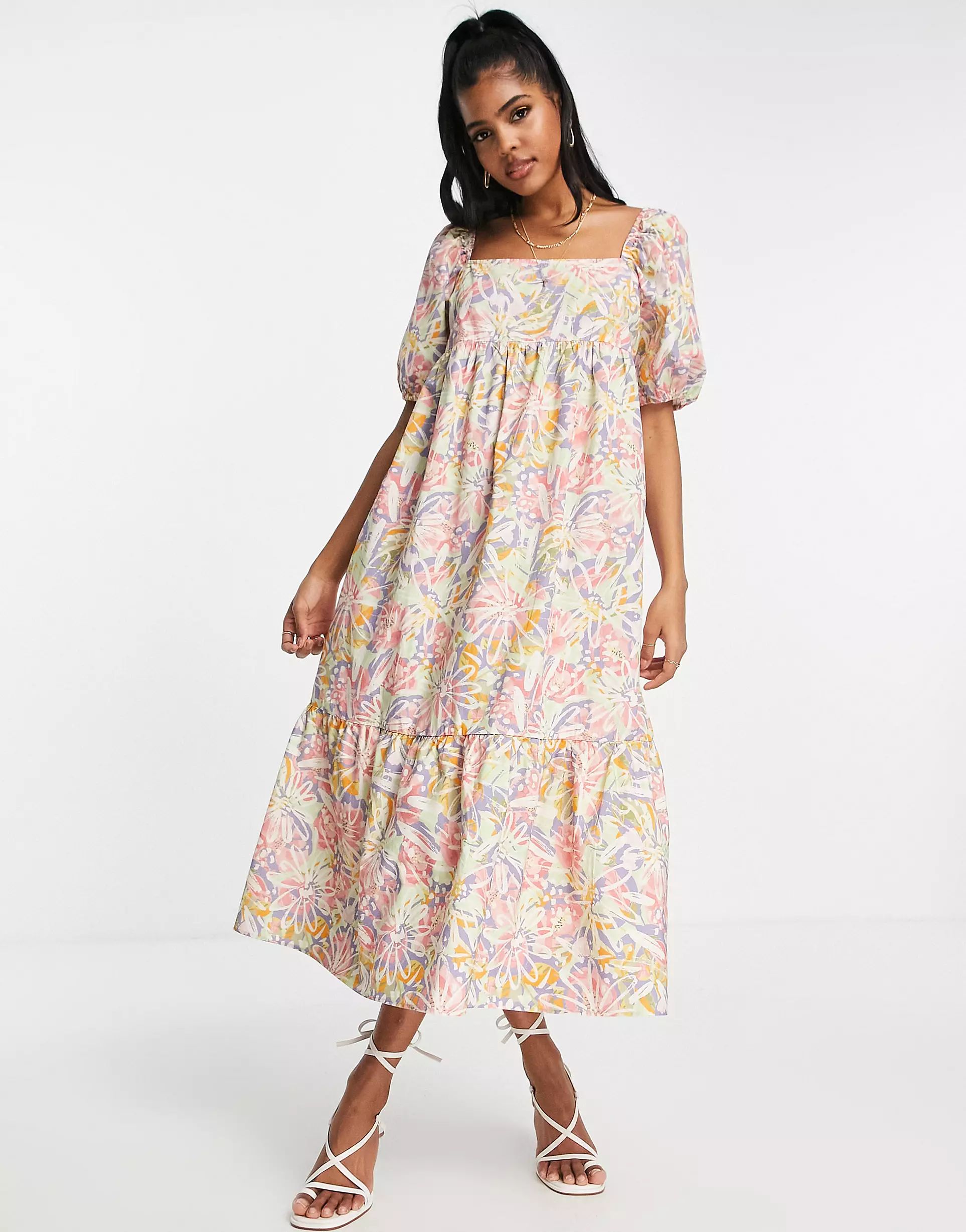 Nobody's Child cotton Kendall square neck dress in multicolor - MULTI | ASOS (Global)