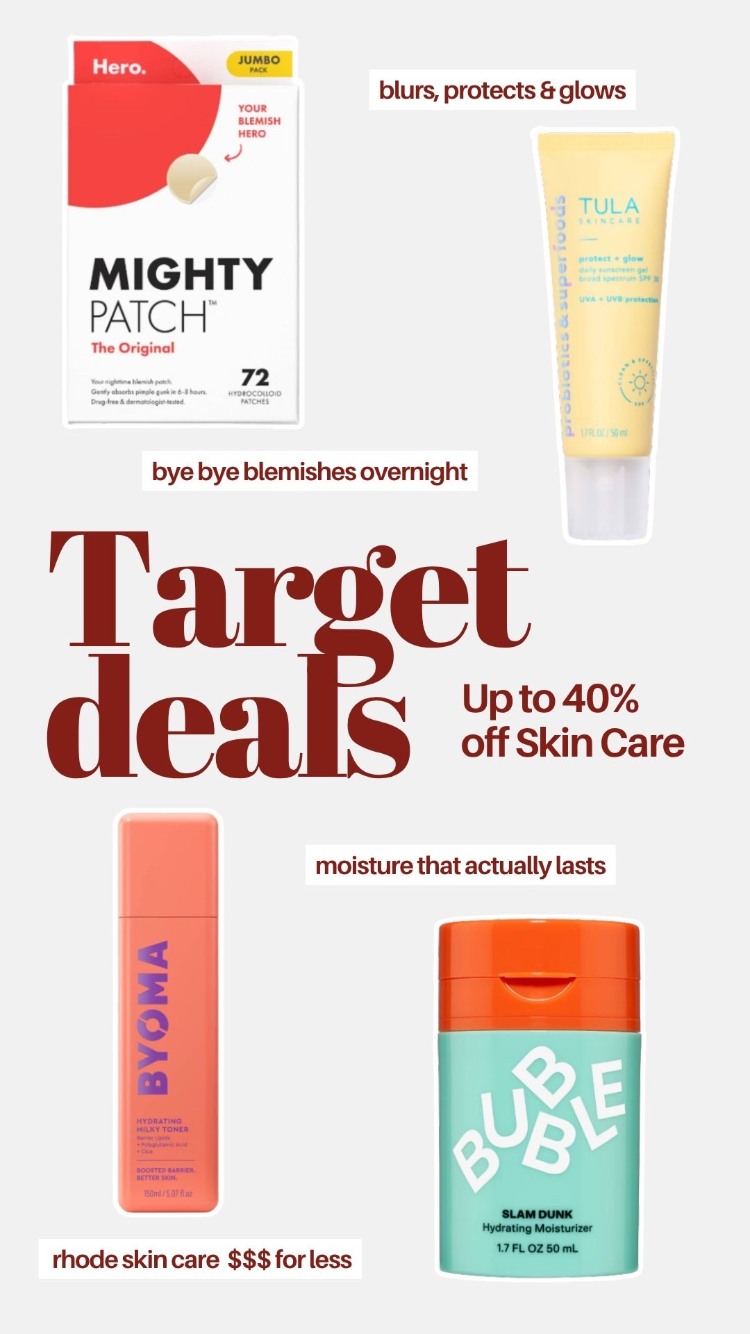 Skincare up to 40% off at Target right now — Mighty Patch jumbo pack, Tula Protect & Glow SPF, Byoma Hydrating Milky Toner, and Bubble Slam Dunk Moisturizer. These are the products worth stocking up on while the deals last. All linked! ✨

#LTKBeauty #LTKSaleAlert #LTKgrwm