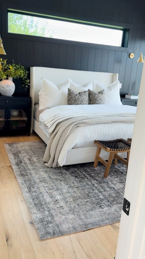 Upholstered bed, black nightstands & Loloi rug are all from Wayfair!