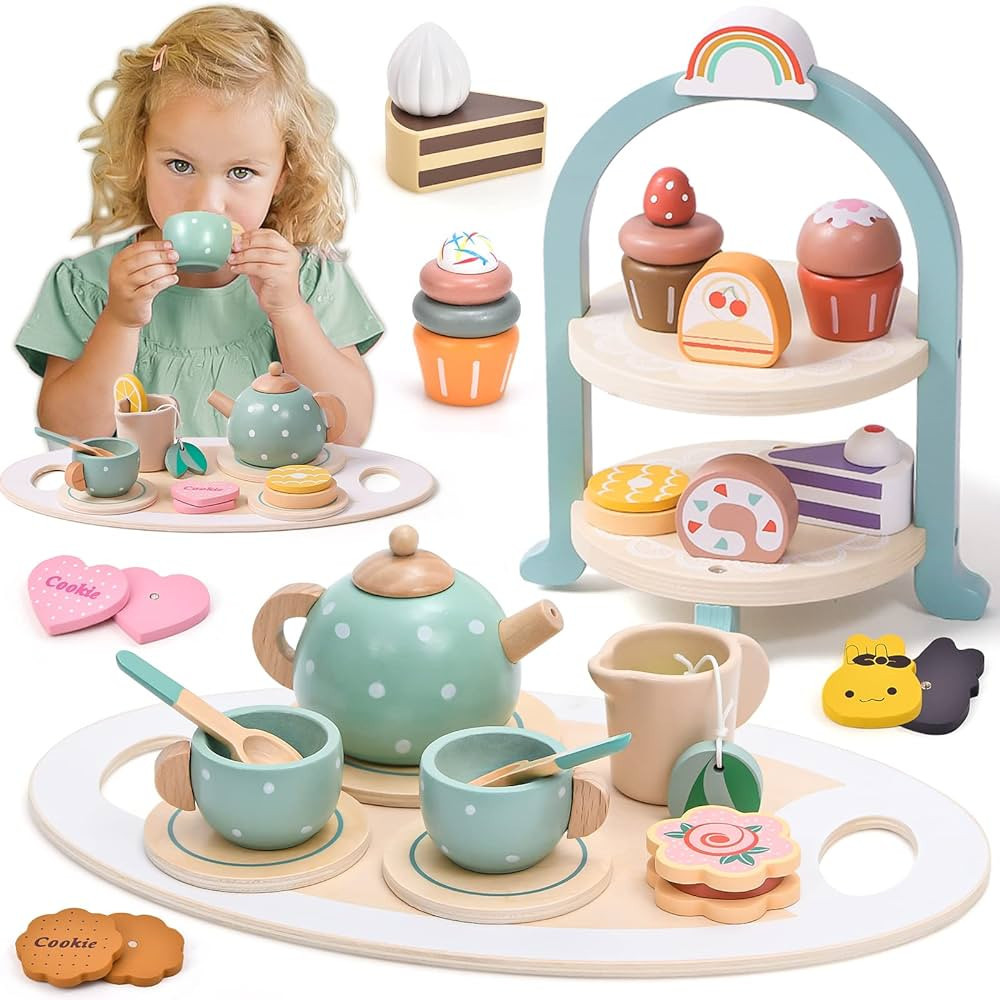Atoylink Wooden Tea Party Set for Little Girls 28 Pcs Toddler Tea Set with Cupcake Stand & Food P... | Amazon (US)
