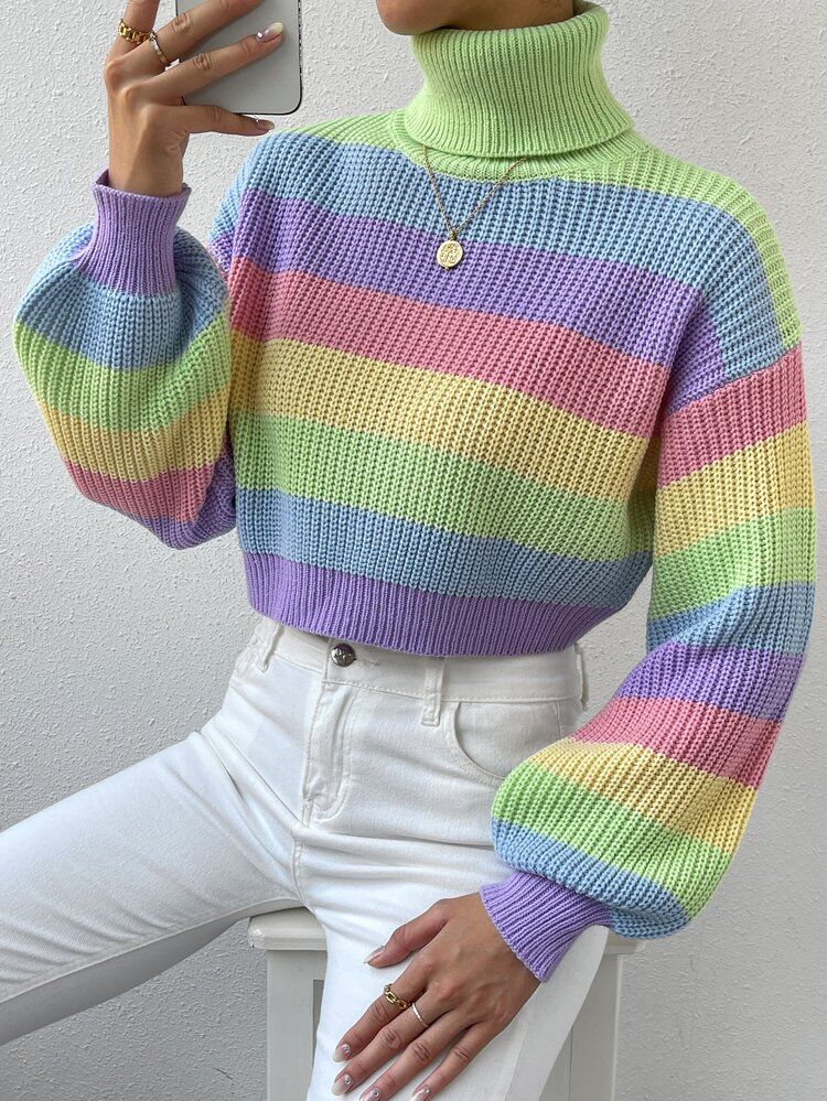 Color Block Stripe Pattern Turtleneck Lantern Sleeve Sweater | SHEIN