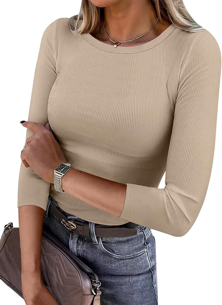 ANRABESS Women 3/4 Sleeve Crewneck Rib Knit Slim Fit Shirts Basic Tee Tops 2025 Fall Summer Casua... | Amazon (US)