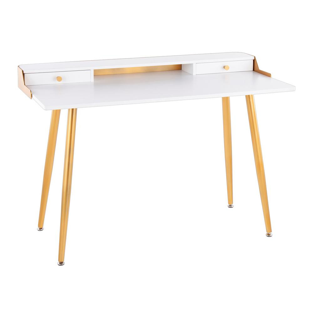 Lumisource Harvey 47.5 in. Rectangular White Wood and Gold Metal 2-Drawer Writing Desk with Gold Acc | The Home Depot